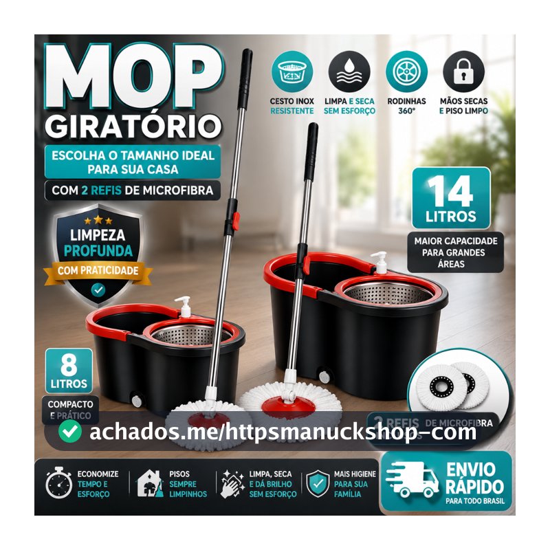 Mop C/ cabo de 140 cm + 2 Refis - Rodinhas e Cesto Em Inox - Balde Centrífuga - CH