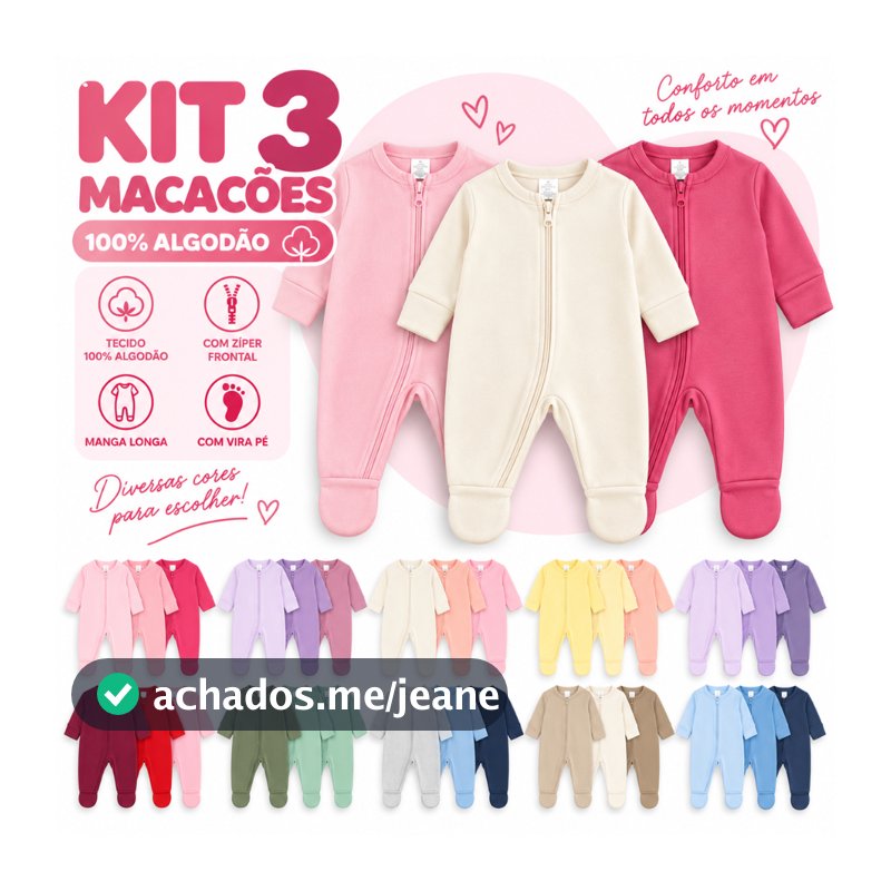Macacão Bebê Menina Kit 3 Peças 100% Algodão Inverno Com Zíper Vira Pé