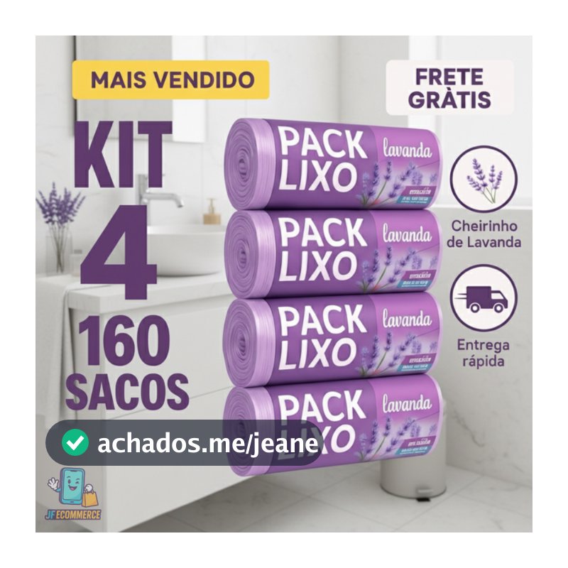 Kit 4 Sacos de Lixo Perfumados Lavanda  10 Litros 160 Sacos Pia e Banheiro 34x38cm Neutraliza Odores