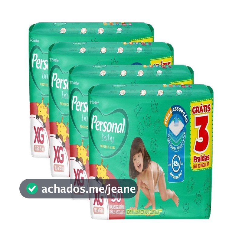 Fralda Descartável Personal Hiper Soft & Protect Tamanho XG - 4 Pacotes com 50 Fraldas - Total 200 Tiras