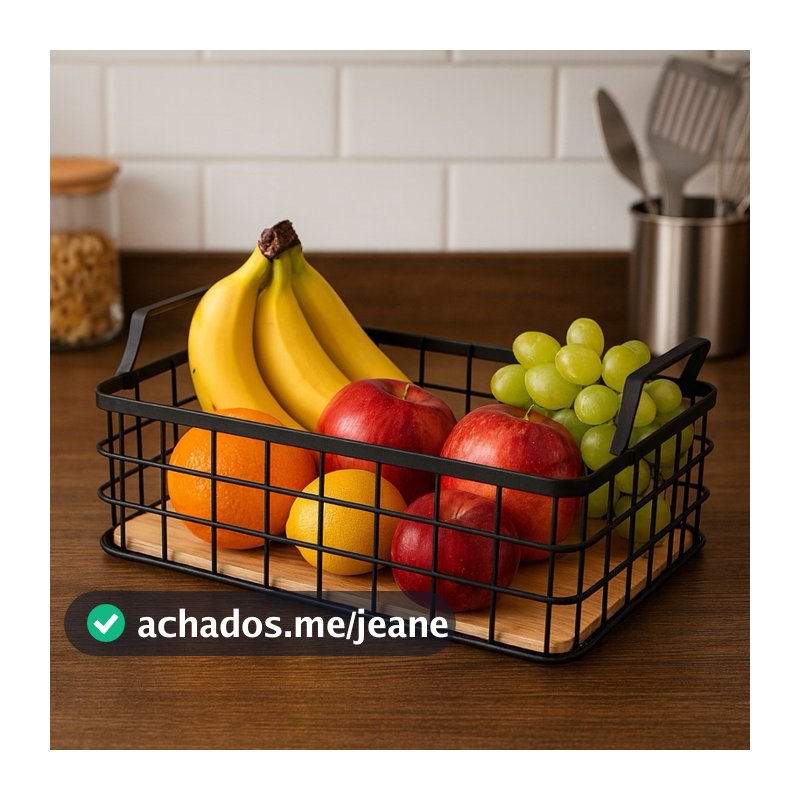 Cesta Fruteira de Mesa Aramado com Base de Madeira e Alça Black Hauskraft Retangular 33,5x22,5x10,5cm