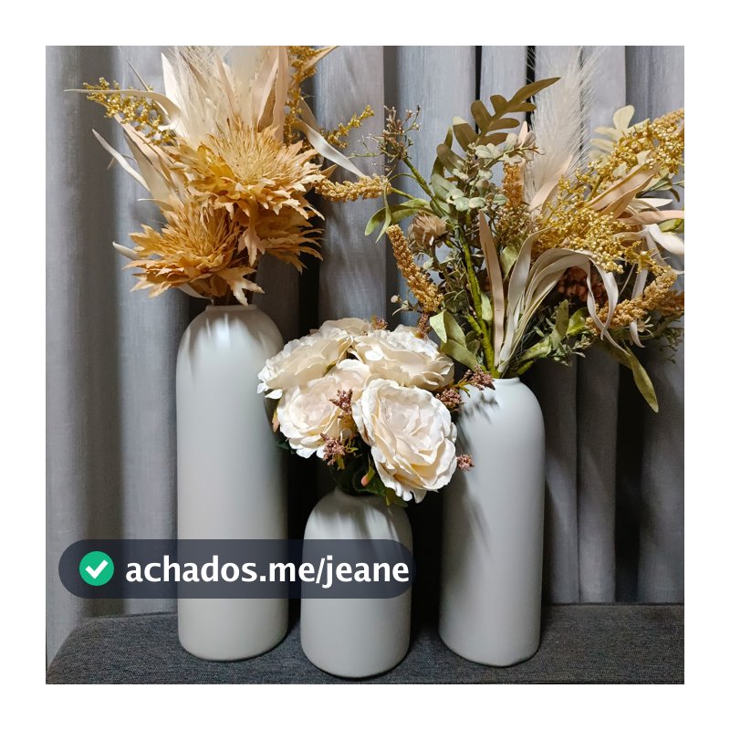 Conjunto trio Vasos Decorativos cerâmica p/ flores artificiais permanentes decoração rack Off white