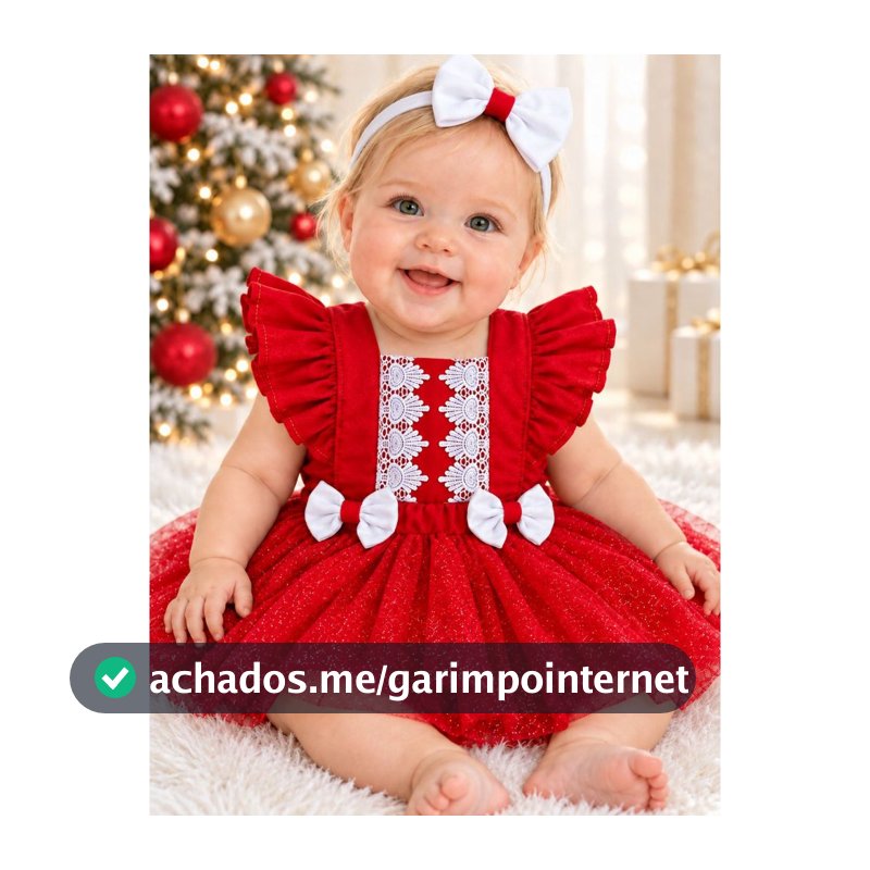 Jardineira Romper Saia Natal Bebê Roupa Infantil Menina Tiara Luxo C/ Laço Mamãe Noel Mesversário
