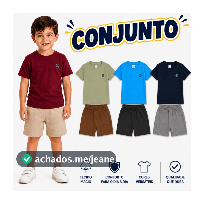 Conjunto infantil menino 2 peças Camiseta + Bermuda Masculino Tamanhos do 1 ao 8