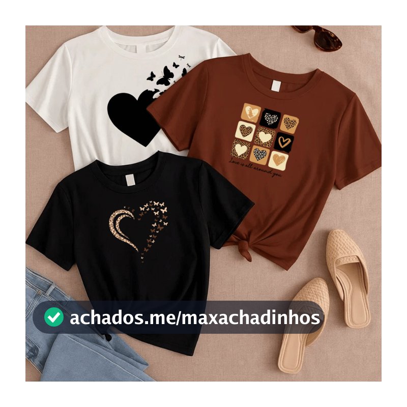 Kit 3 Camisetas Feminina P ao GG Estampada Blusa 100% Algodão Treino 3 Com Corações