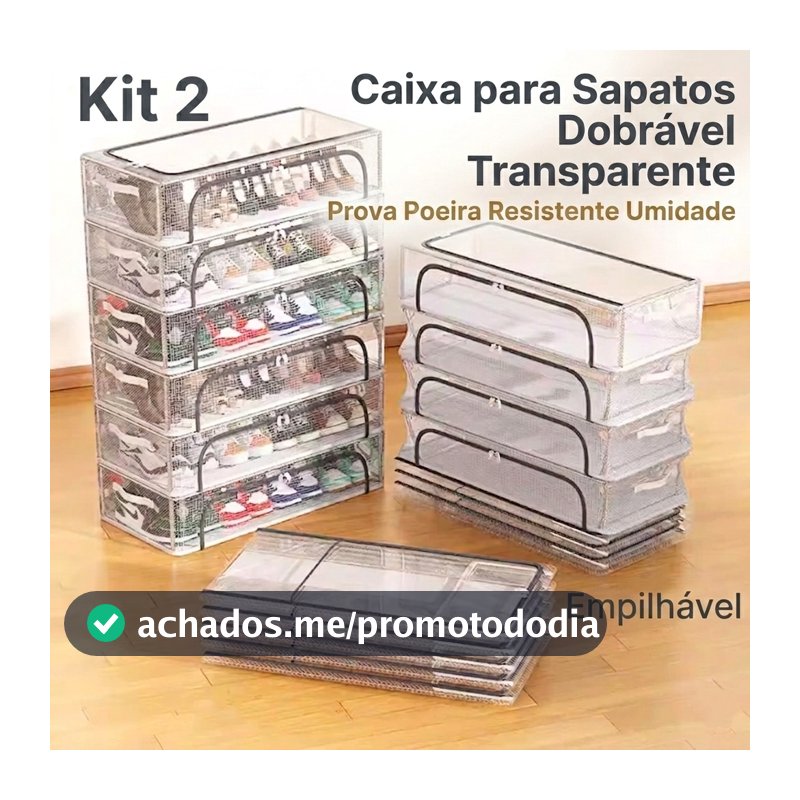 Kit 2 Caixas para Sapatos Transparente com Zíper Empilhável Organizador Multifuncional Tipo Concha