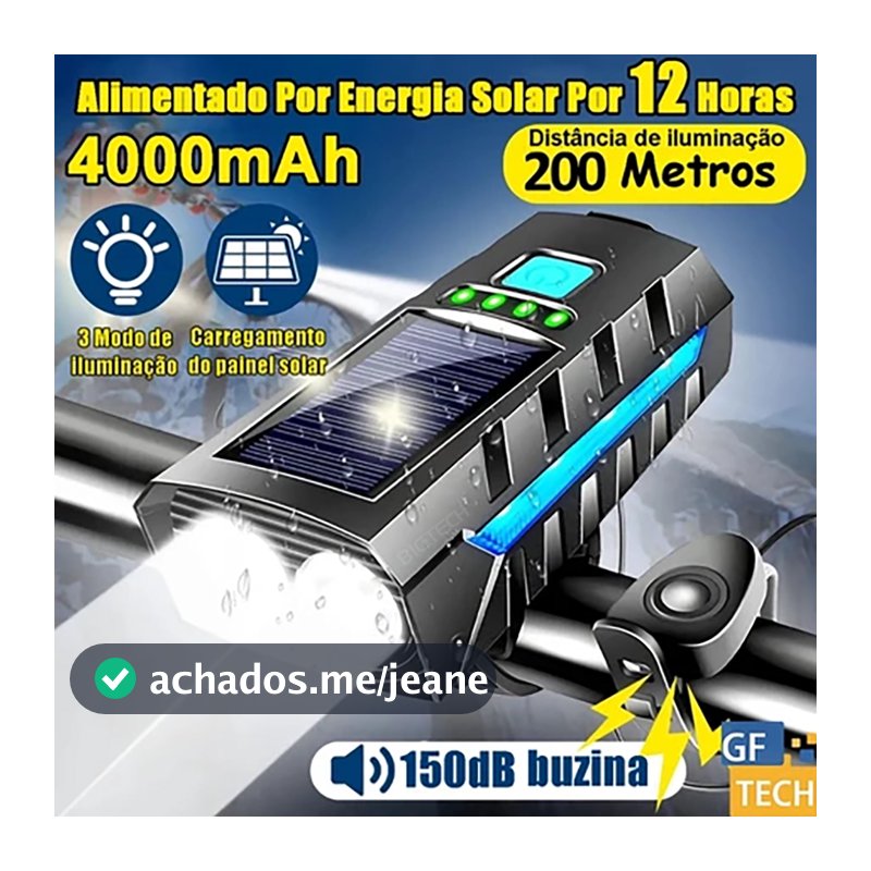 Lanterna Bike Solar Com Buzina E Power Bank 12H Recarregável À Prova D'Água Farol Para Bicicleta