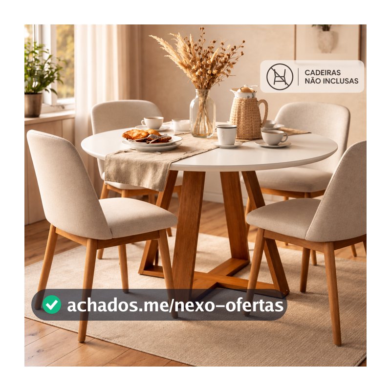 Mesa De Jantar Redonda Livia 110cm 4 Lugares Branca Base Mel Moderna