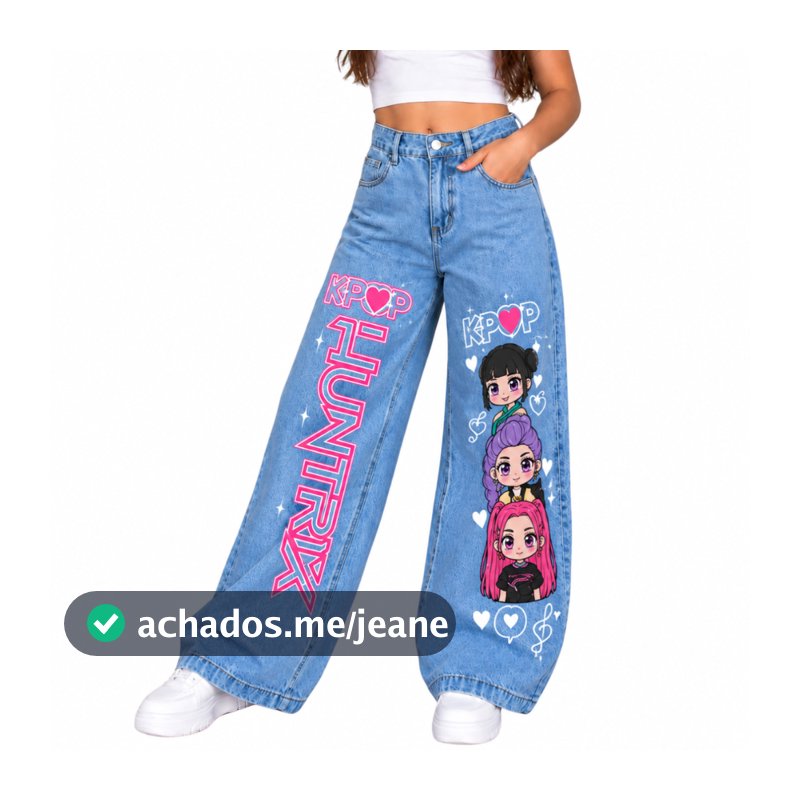 Calça Jeans Wide Leg infantil Juvenil Estampada com desenho