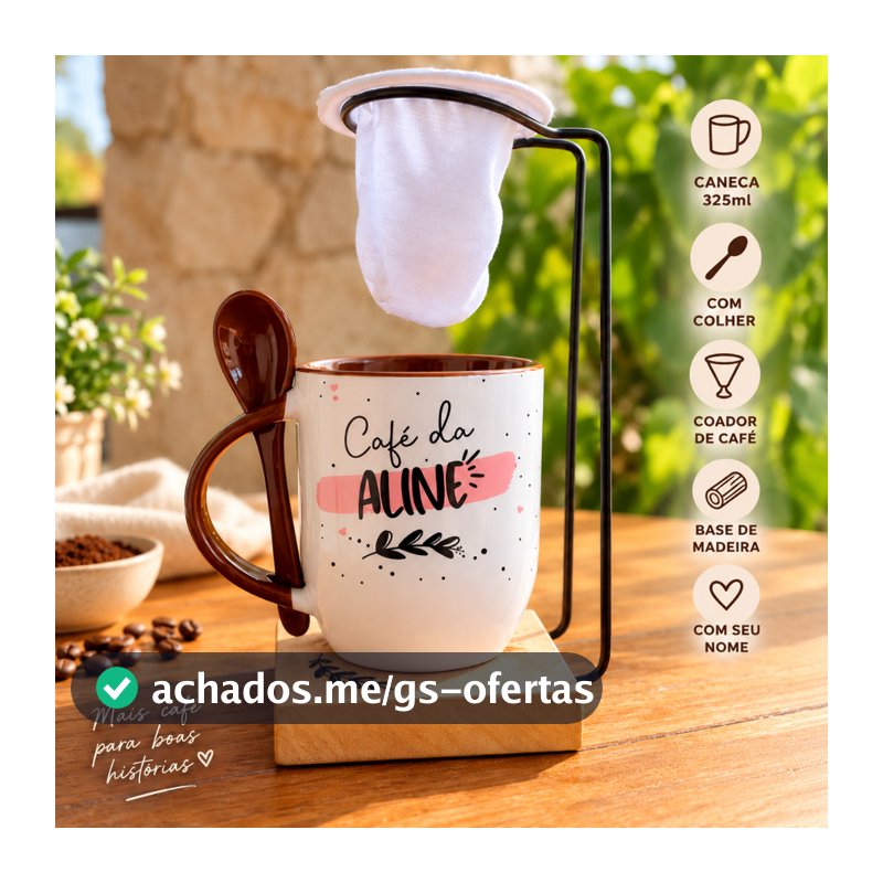 Kit Caneca com Nome + Coador de Café Individual e Colher 325ml