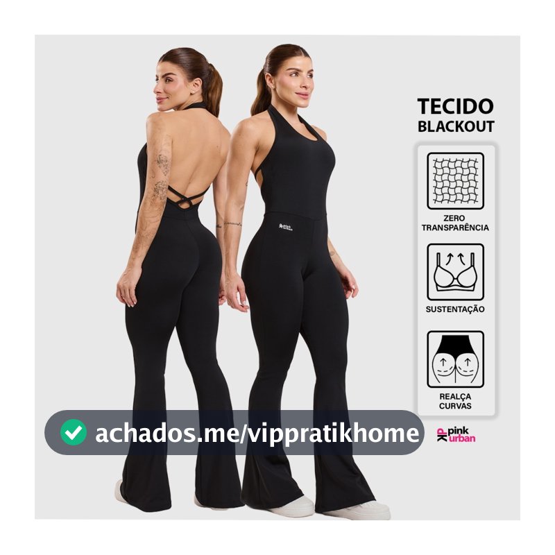 Macacão Fitness Feminino Flare Costa Nua Trançado Decote U Frente Única Blackout Zero Transparência
