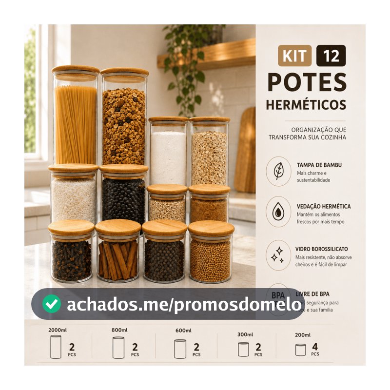 Kit 12 Potes Hermético Vidro Tampa de Bambu Armazenar Alimentos Redondo