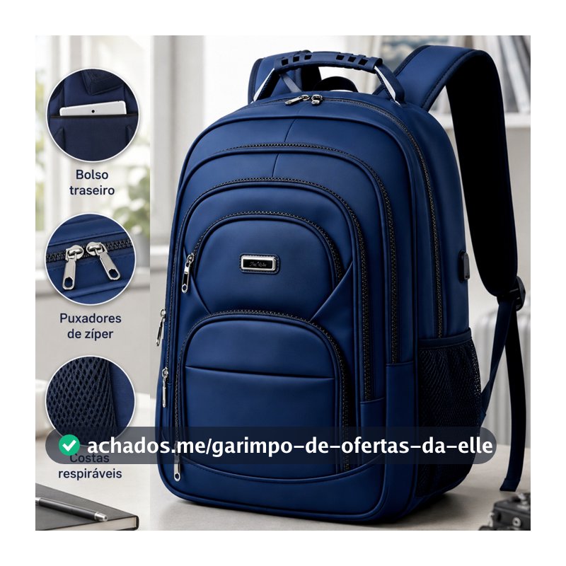 Mochila Unissex 19 Pol Impermeável Grande Capacidade Compartimentos Organizadores para Notebook Estudo e Trabalho