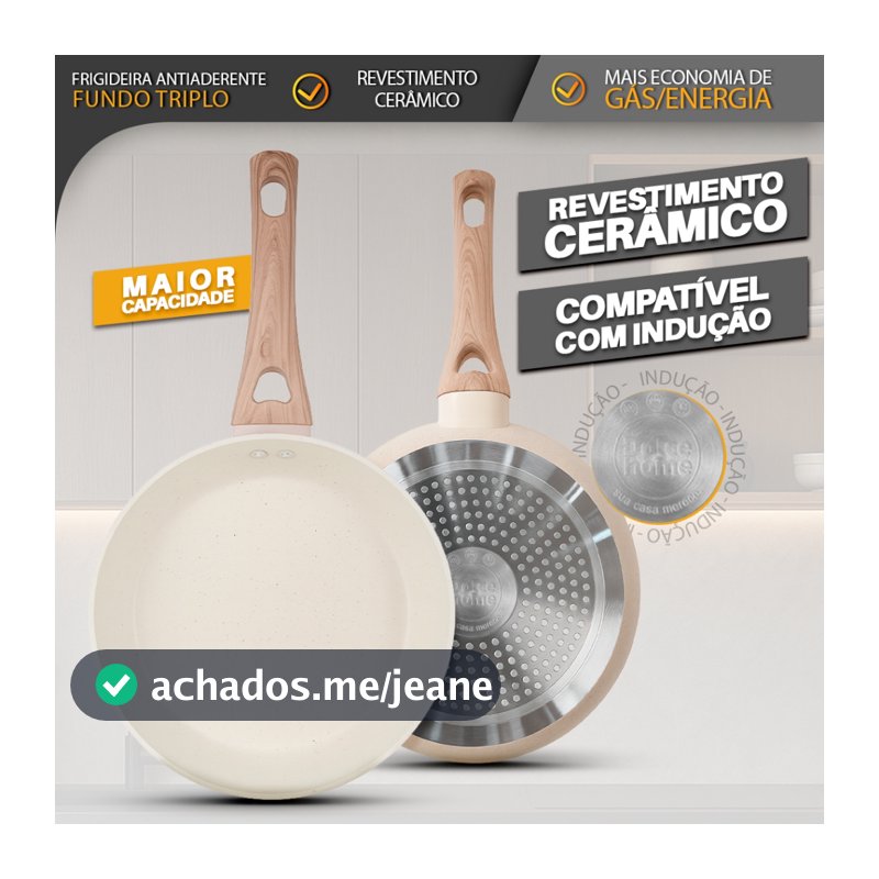 Frigideira Antiaderente Fundo Triplo 20,5cm Revestimento Cerâmica Indução Creme - Bhz Store