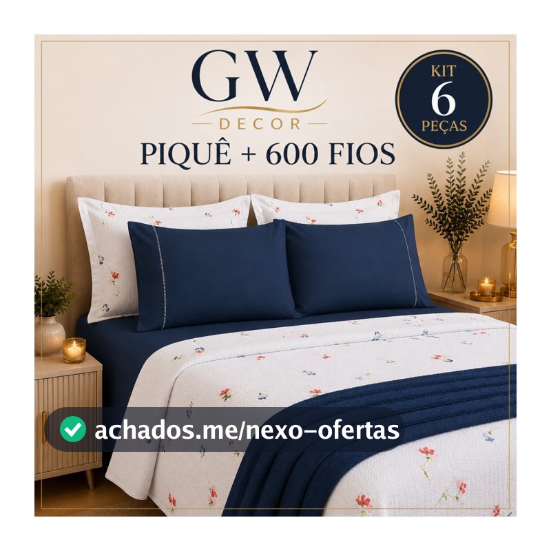 Kit 6 Peças Piquê + 600 Fios Jogo de Cama Macio e Sofisticado Casal Queen e King