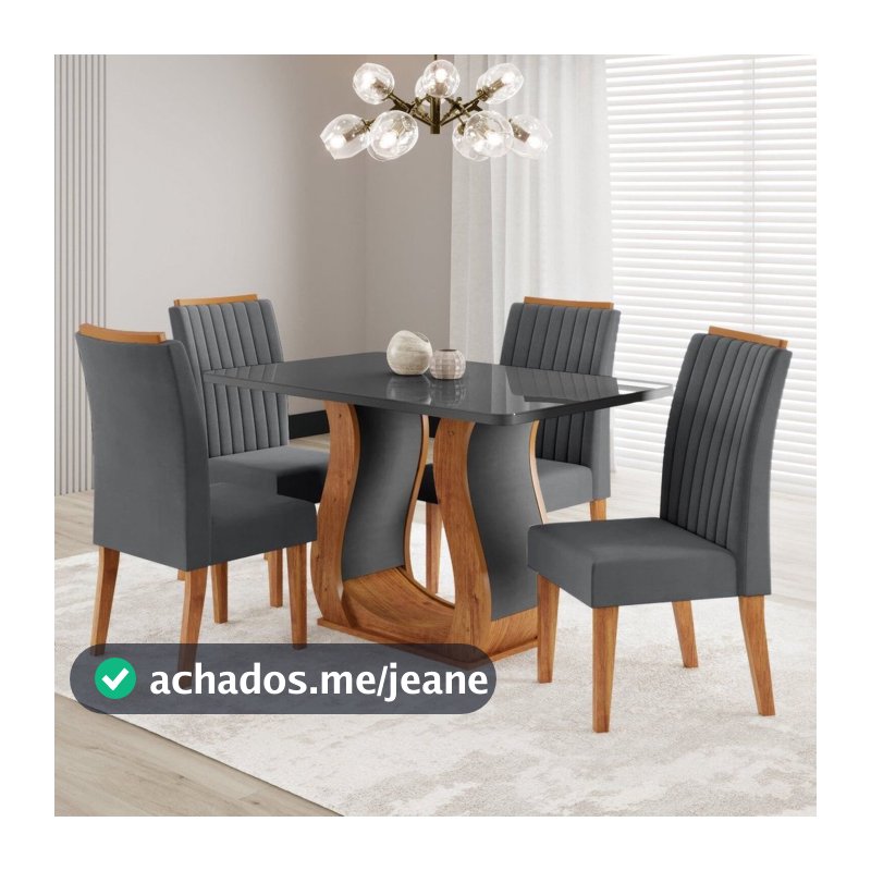 Conjunto Sala de Jantar Mesa 120x80cm Tampo com Vidro 4 Cadeiras Inspirare Yescasa Cinza/Mel Mel/Cinza