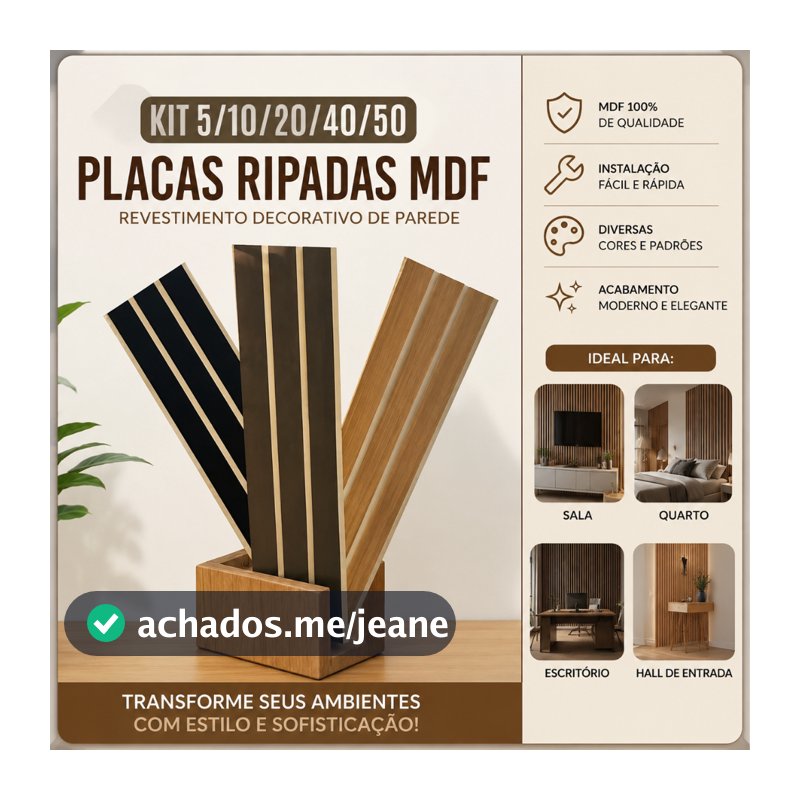 Kit de até 5, 10, 20, 40 OU 50 Placas Ripadas MDF - Revestimento Decorativo de Parede 45x11cm Painel Moderno