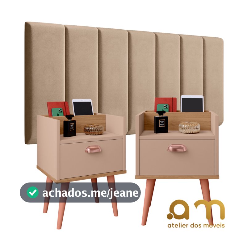 Conjunto P/ Quarto Cabeceira MODULAR 0.90 à 1.95 Cama BOX C/ 2 Mesas de Cabeceira Milena Pés Retrô
