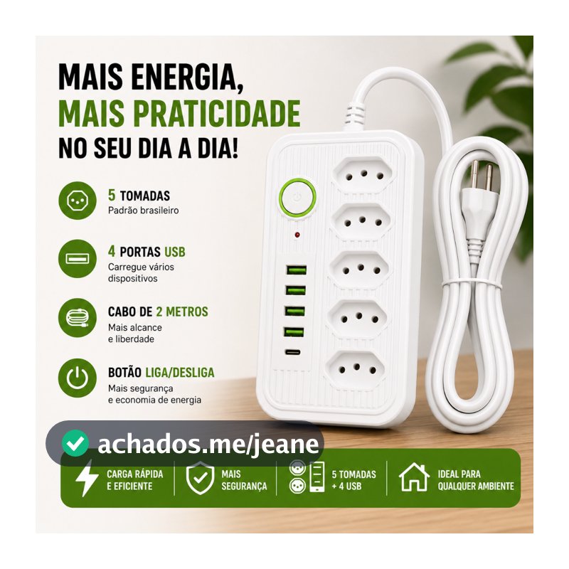 Extensão Filtro Linha régua 5 Tomadas 4 Usb 1 Tipo C Cor Branco