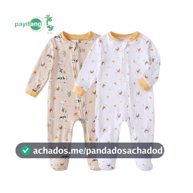 Kit 2 Macacão Bebê Longo com Pé 100% Fibra de Bambu Dinossauros Listrado Macio Para Dormir TM-2056