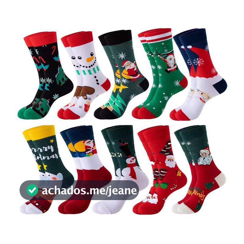 Kit 2 Pares Meia Cano Longo Estampada Natalina Moda Unissex Conforto Papai Noel Natal