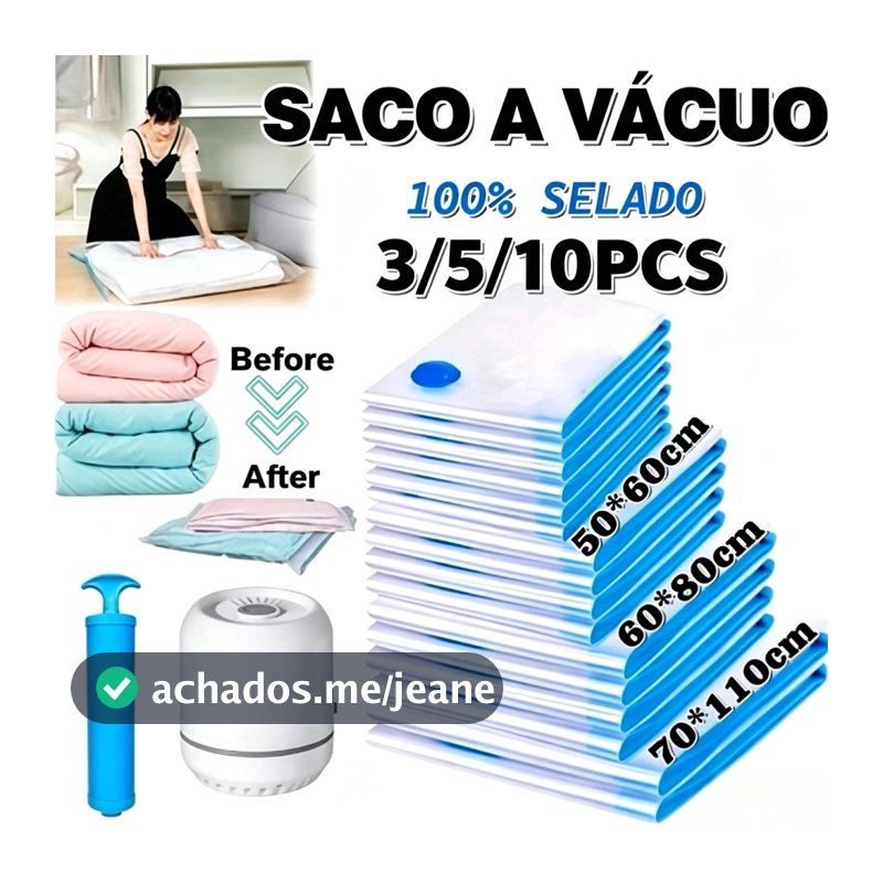 Kit 3/5/10 Sacos a Vácuo 50x60cm/60x80cm/70x100cm para Roupas com ou sem Bomba Guarda-Roupas e Viagem