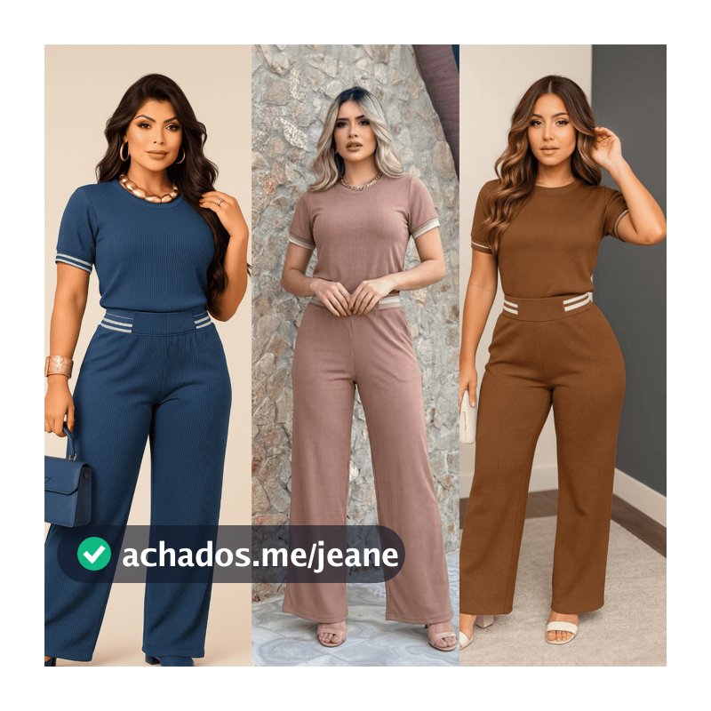 Conjunto Calça Pantalona e Blusa T-shirt Camiseta Feminina Malha Canelada