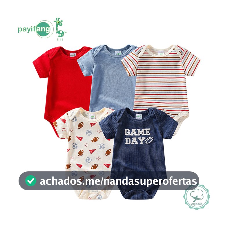Kit 5 Peças Body Manga Curta Bebê Mistura Algodão Poliéster Estampa Esportes Durável Dia a Dia
