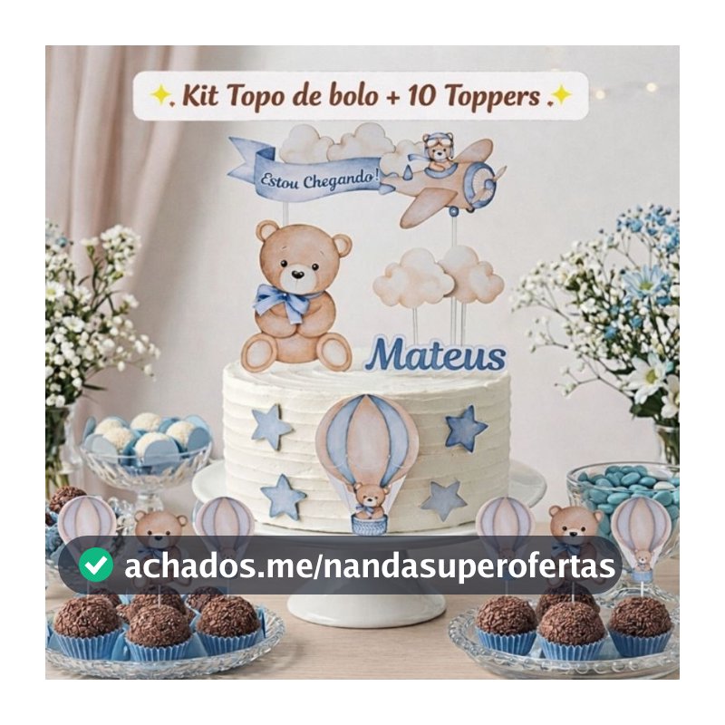 Kit Topo de Bolo Ursinho Balão Azul Chá de Bebê Personalizado + 10 Toppers Docinhos