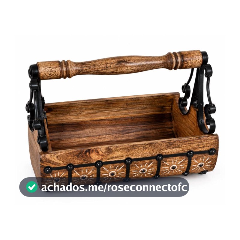 Cesto Fruteira de Mesa / Organizador em Madeira e Ferro com Alça