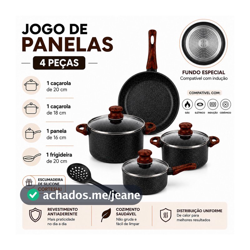 Jogo de Panelas 4 Peças Cerâmica Indução Antiaderente Presente Casamento Mãe Cortesia Escumadeira
