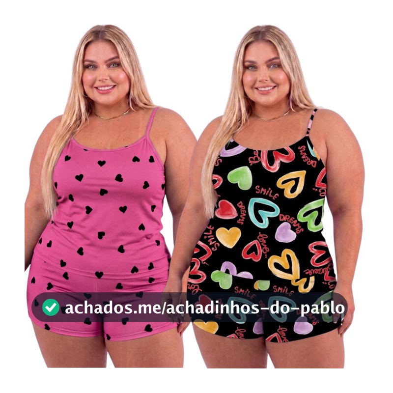 Kit 2 Conjuntos Plus Size Baby Doll Short Doll Estampado Sem Bojo Pijama Feminina Premium