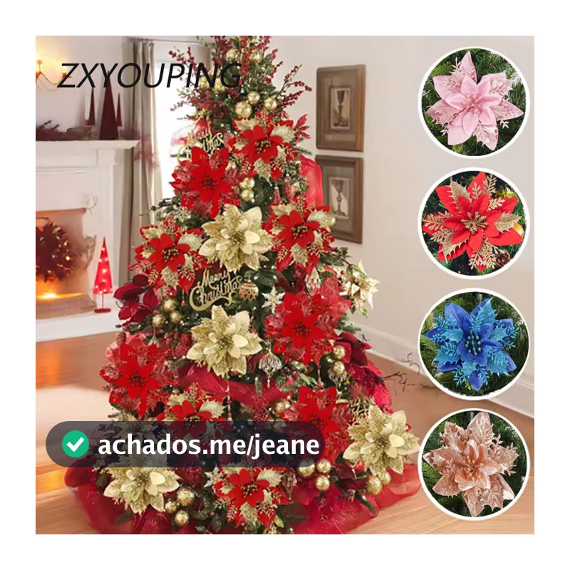 14cm Decorações Da Árvore De Natal Grande Glitter Flores Artificiais Flor Casa Festa De Ano Novo E Decoração Feliz