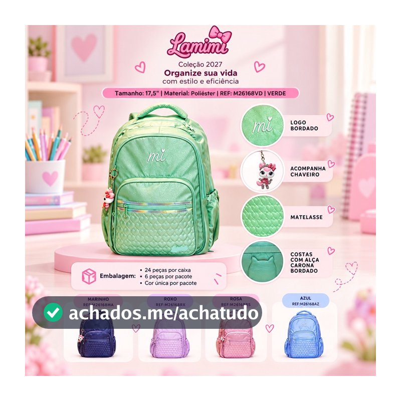 Mochila Escolar Lamimi 17,5" Matelassê Coração Alças Acolchoadas  Cores Verde  Marinho  Roxo Rosa Azul
