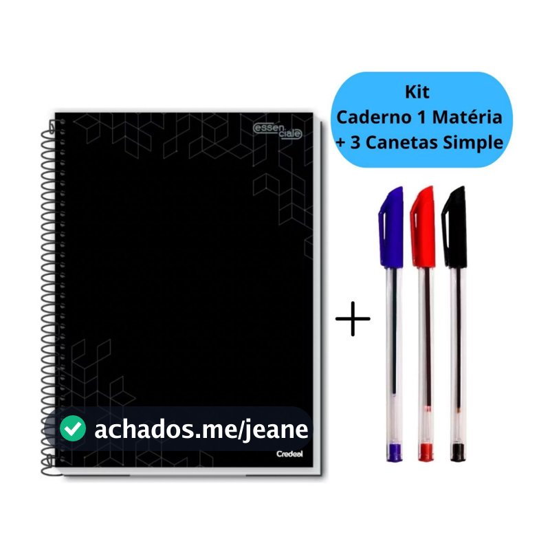 Kit Caderno Universitário 1 Matéria Preto ou Rosa com 80 Folhas + 3 Canetas Simple Espiral Escolar