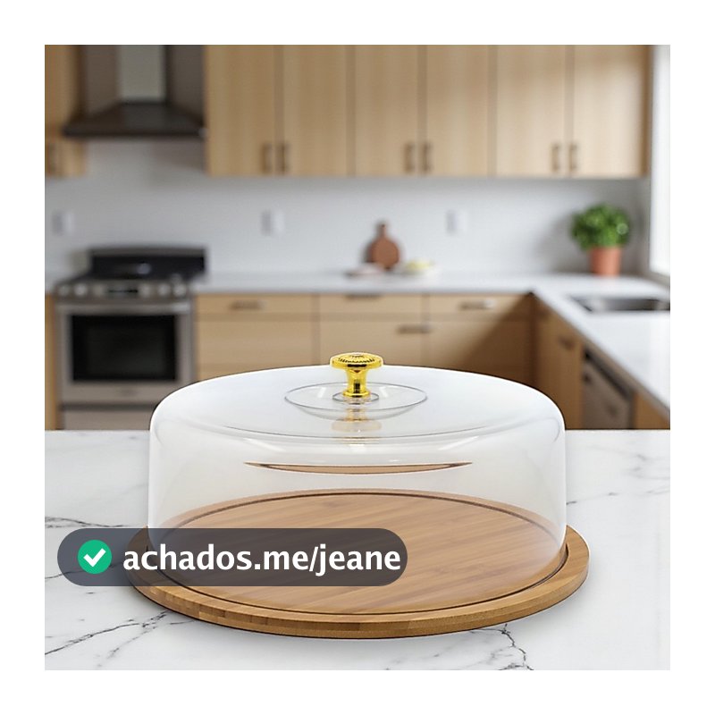 Boleira Porta Bolo Torta Base Bambu Tampa Acrílico Pegador Dourado