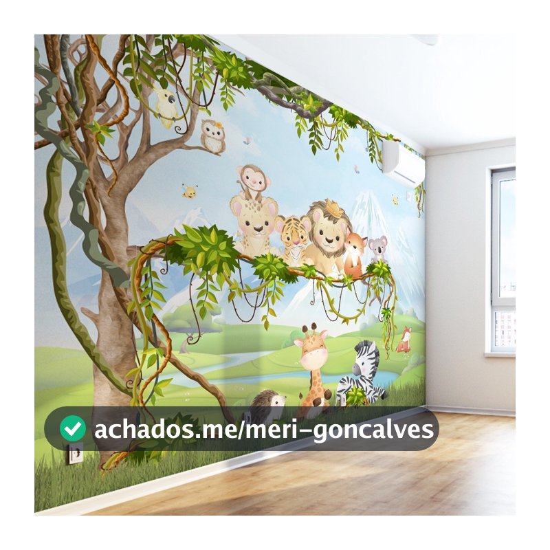 Papel de Parede Infantil Autocolante Selva Safari Para Decorar Quarto de Bebê e Criança