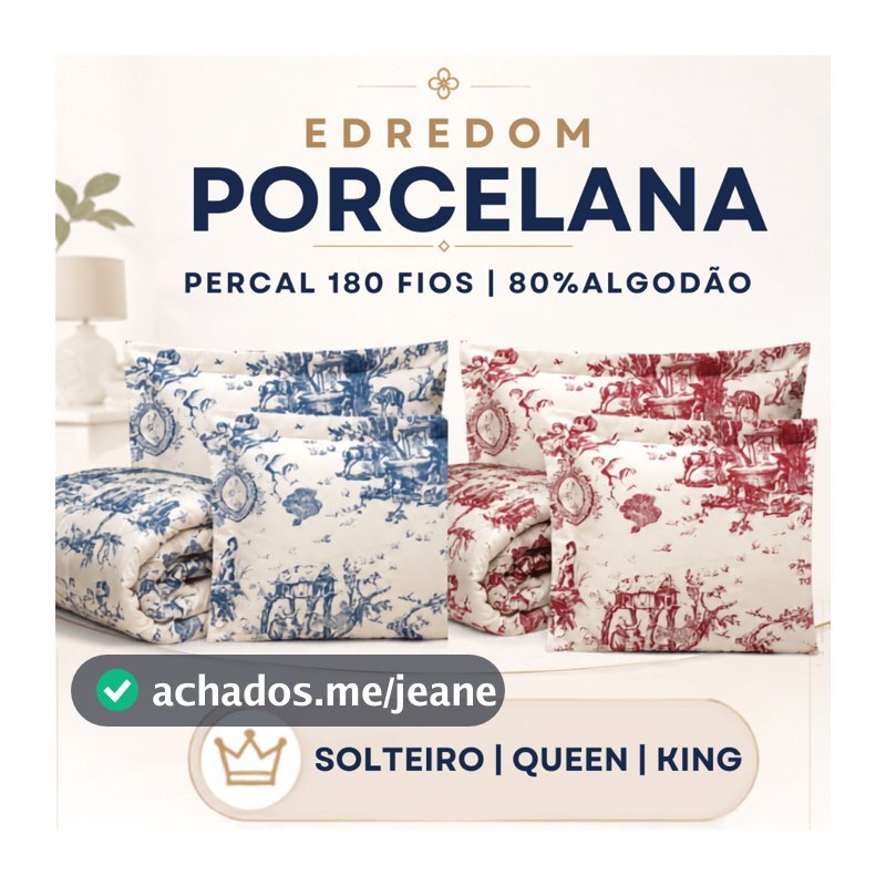 Kit Edredom Porcelana Percal 180 Fios Algodão Solteiro 02 Peças Queen e King 03 Peças Azul Vermelho