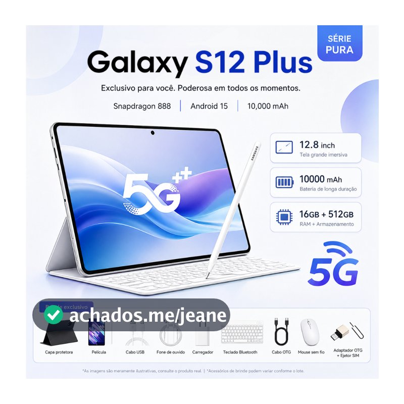 Tablet Galaxy S12 Plus 12,8 polegadas  16 GB + 512 GB 10.000 mAh 5G Wi-Fi com teclado, mouse e alto-falante gratuitos