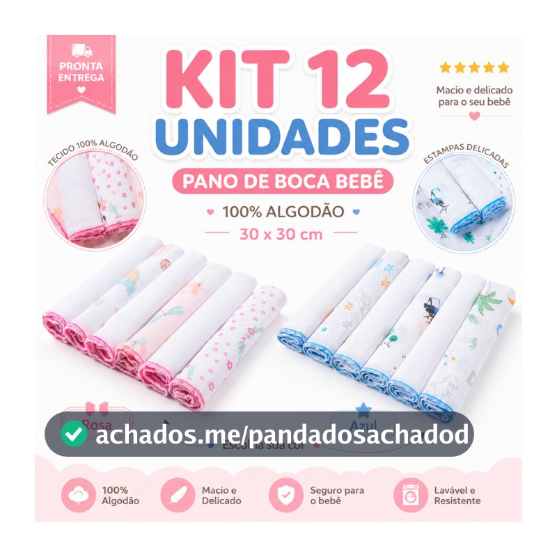 12 Unidades Pano de Boca Bebe Fralda de Boca Babete 100% Algodão 30cm x 30cm