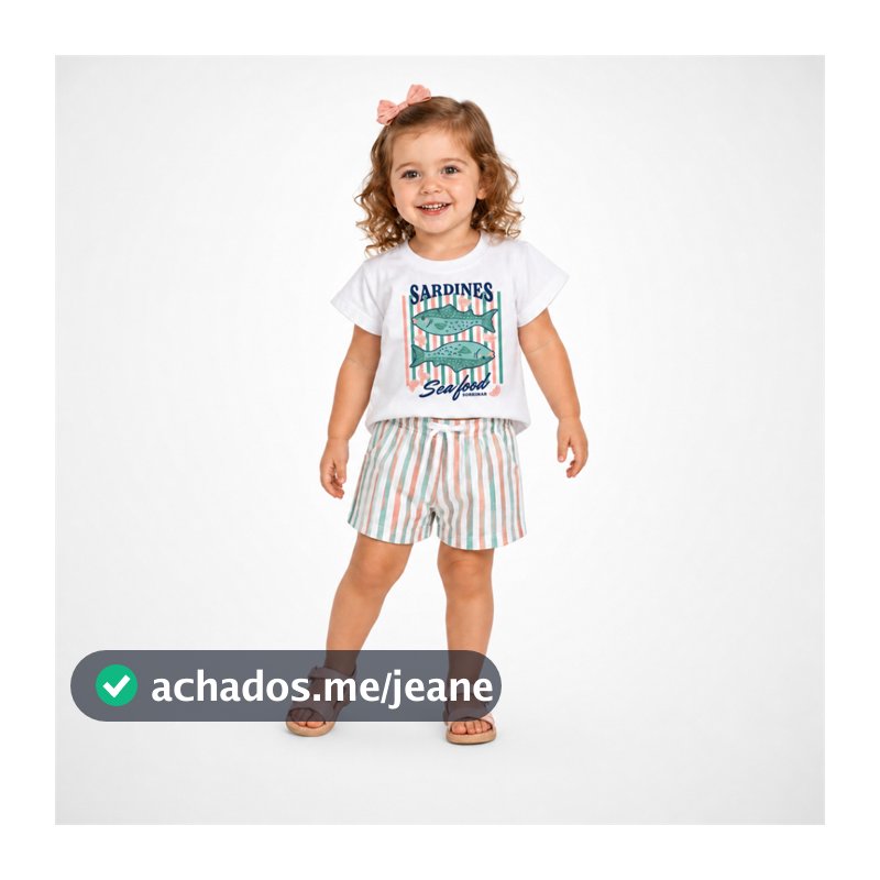 Conjunto Infantil Menina Blusa com Peixe e Shorts Listrado Roupa Feminina Tam 1 2 3 Confortável