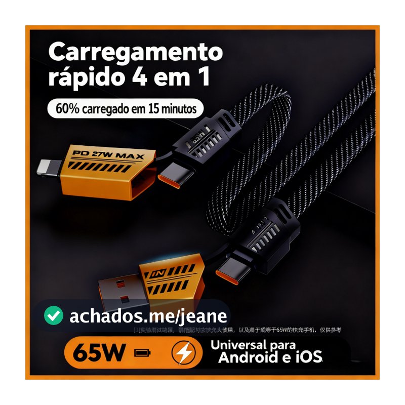 Multi-Portas Cabo 4 em 1 - 65W Rápido,Tipo C e USB para Android e Dispositivos Portáteis