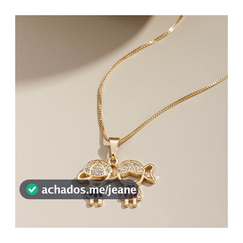 Colar Pingente Casal de Filhos cravejados (Filhos), Semijoia, Ouro 18K