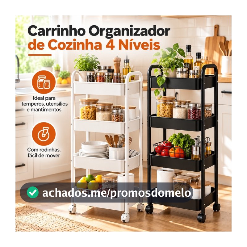 Carrinho Organizador de Cozinha 4 Andares com Rodinhas Multiuso Compacto para Temperos e Utensílios