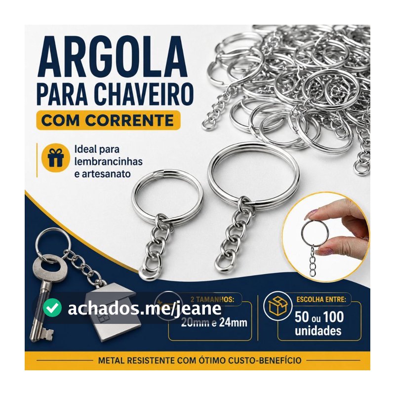 Argola para Chaveiro com Corrente 20mm/24mm | Ideal para Lembrancinhas e Artesanato - BARUCH