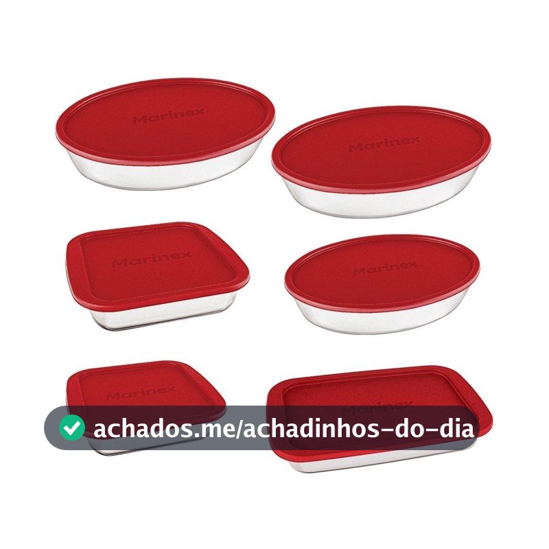 Conjunto de Assadeiras de Vidro Marinex com Tampa Vermelha 6 Peças