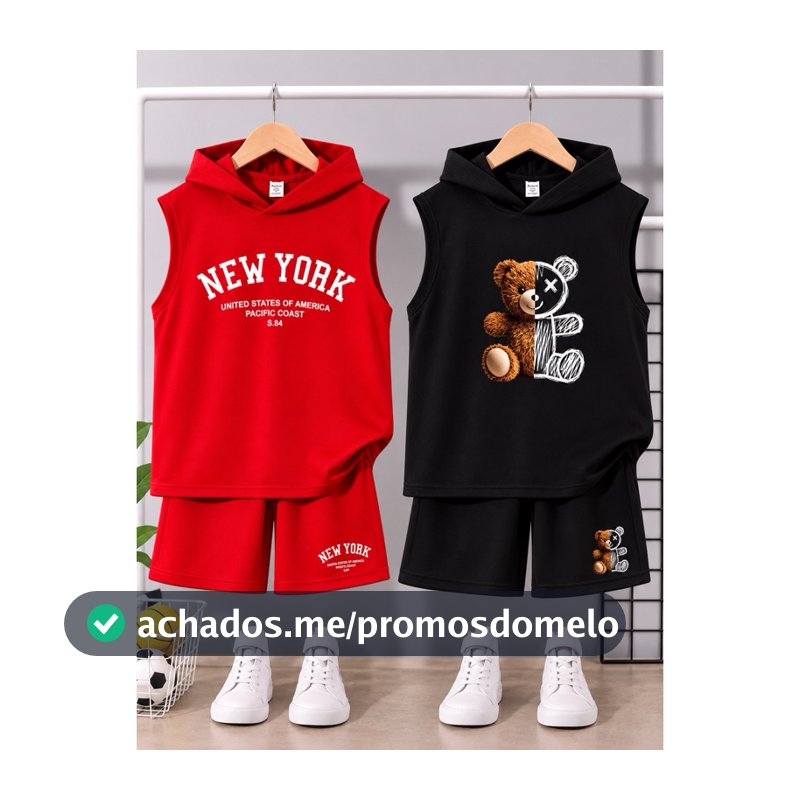 kit 4 peças 2 conjuntos infantil menino algodão short e regata capuz verão confortável
