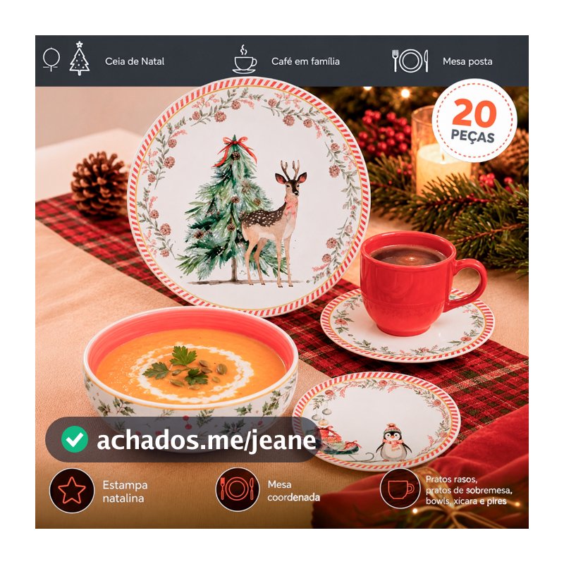 Aparelho de Jantar Natalino Ilusion 20 Peças Jogo de Pratos Xícaras e Pires Papai Noel