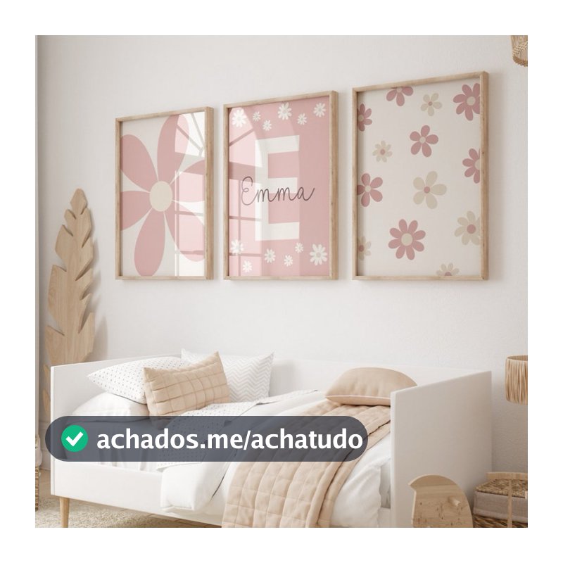 kIT 3 PEÇAS QUADROS DECORATIVOS FLORES ROSAS MARGARIDAS DECORAÇÃO QUARTO MENINA NOME PERSONALIZADO