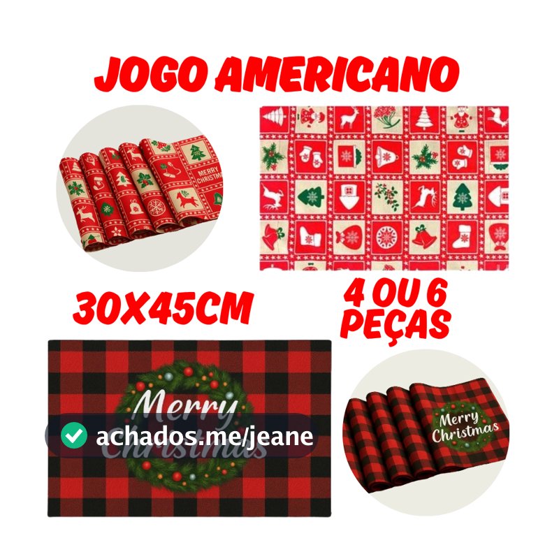 Kit 6 Ou 4 Peças De Jogo Americano 30X45CM Descanso De Mesa Estampas Natalinas Retangular Decorativo